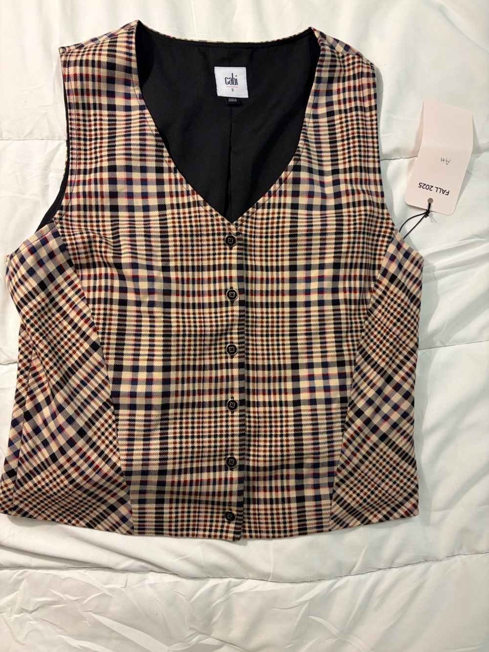CAbi Plaid Button Vest in Beige, Black & Navy